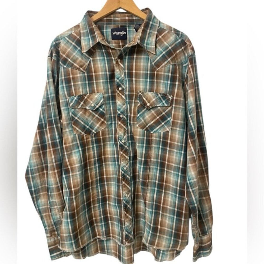 WRANGLER retro pearl snap long sleeve western shirt XXL green brown